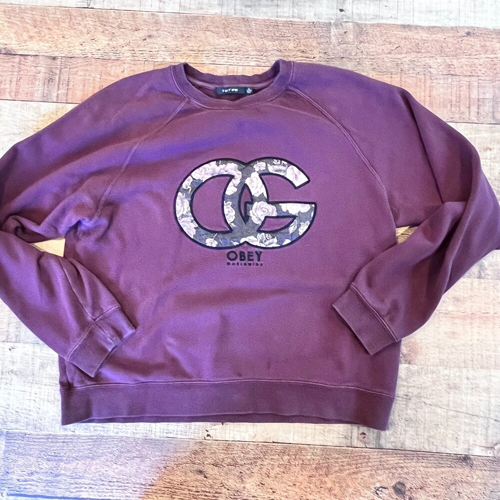 Obey Worldwide No89 Floral OG Large Washed Burgundy Sweatshirt Pullover - Picture 6 of 9